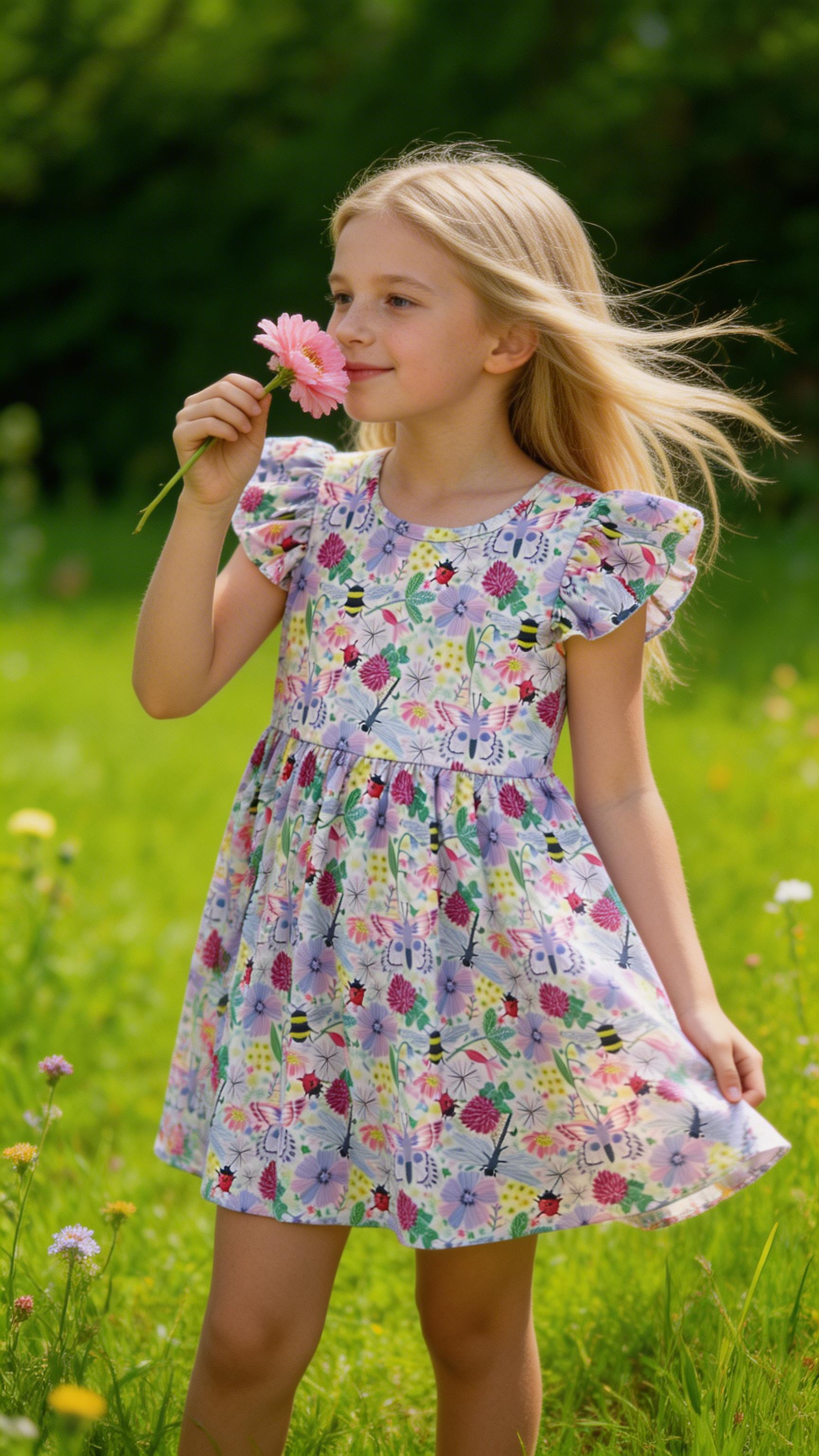 Lightweight summer girl dress worn by a girl in a field, enjoying a flower in a sunlit outdoor setting.