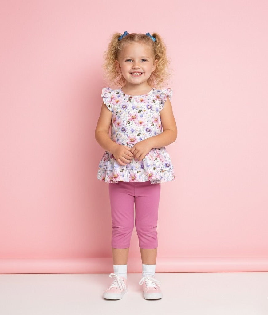 Toddler capri outfit featuring a floral top and pink capri bottoms for playful and comfortable style.