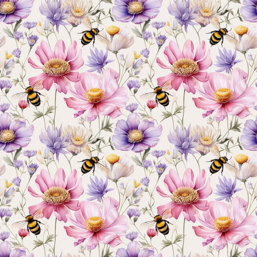 Colorful floral pattern featuring pink and purple flowers with bees on a light background.