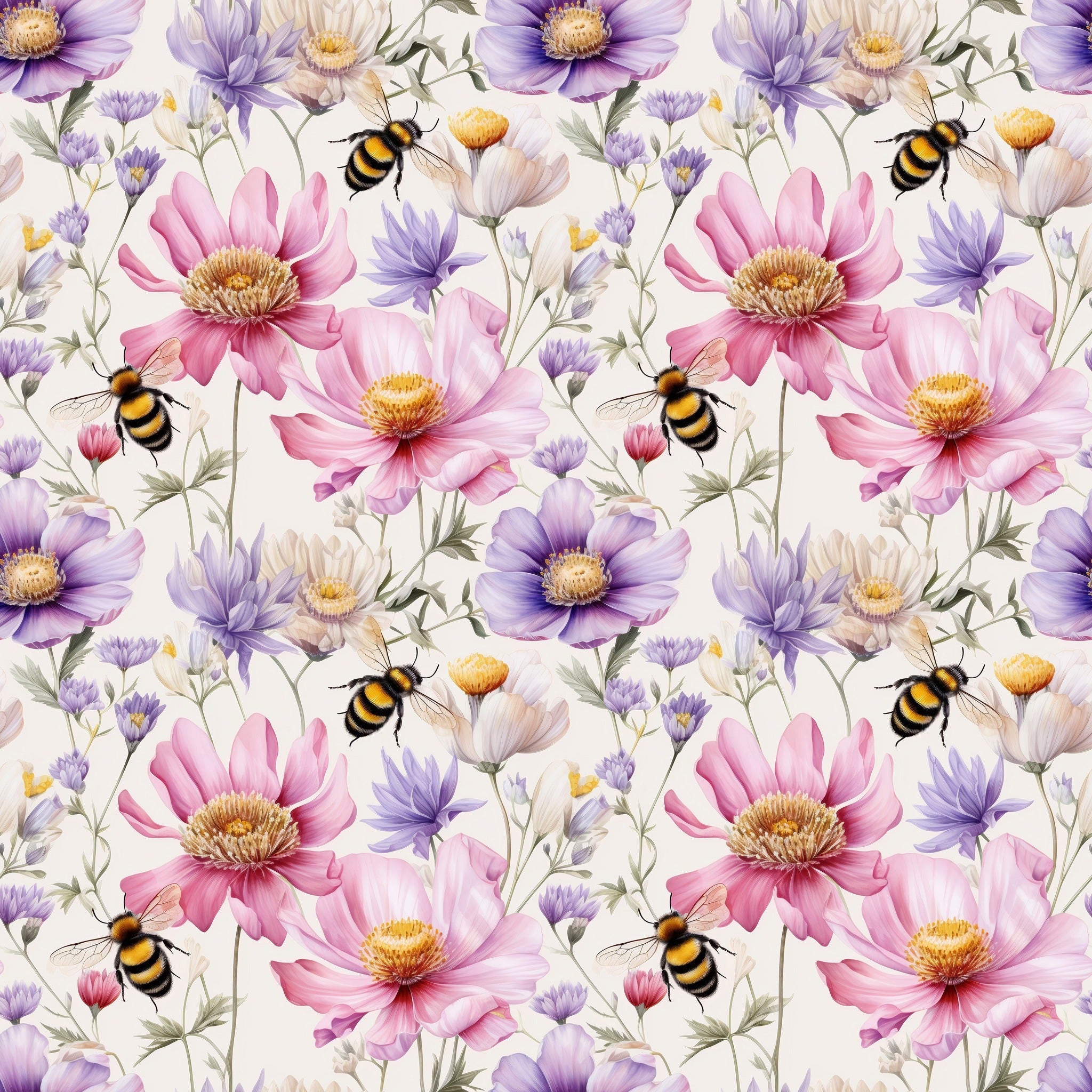Colorful floral pattern featuring pink and purple flowers with bees on a light background.