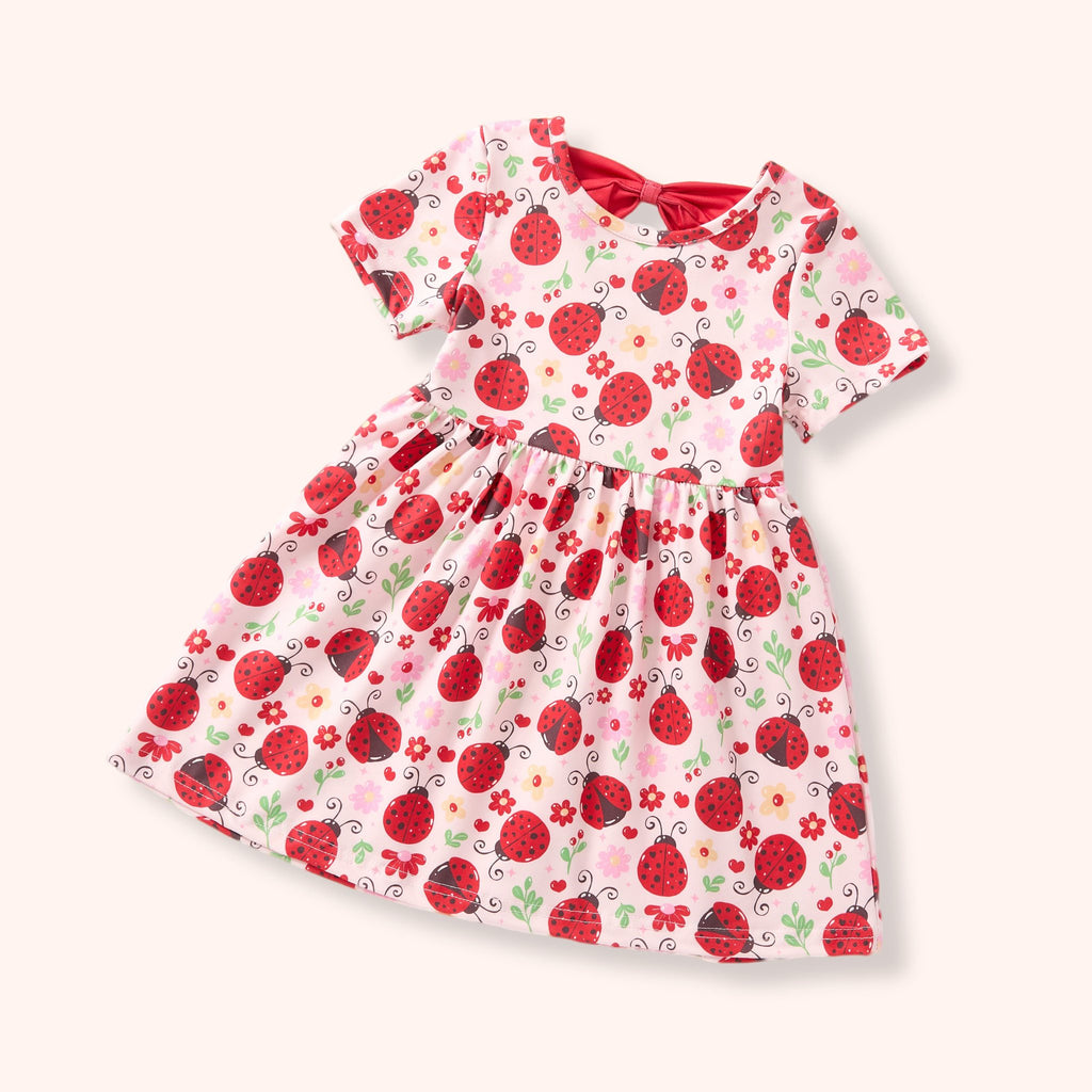 Ladybug dress for girls with red and black ladybug patterns, perfect for playtime and family photos.