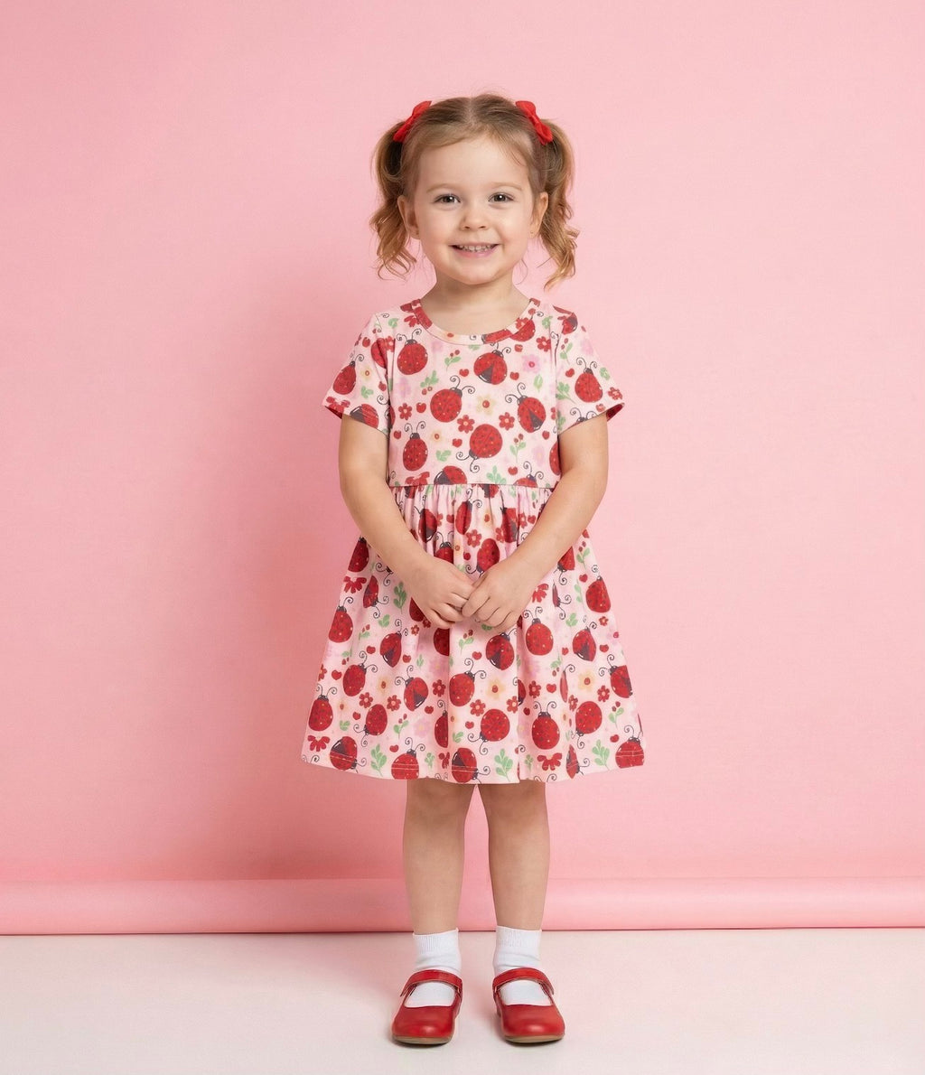 Little girl in a ladybug dress for girls, smiling against a pink backdrop, perfect for playful moments and photos.