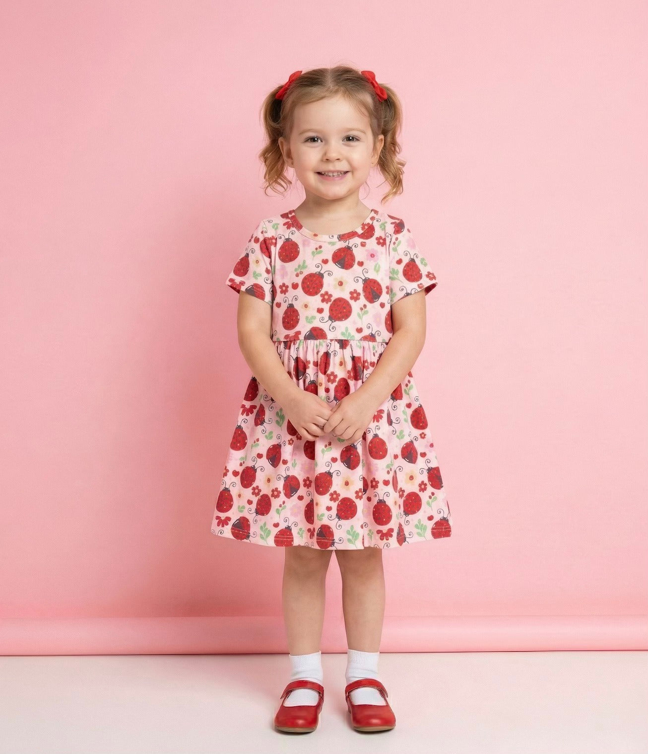 Little girl in a ladybug dress for girls, smiling against a pink backdrop, perfect for playful moments and photos.