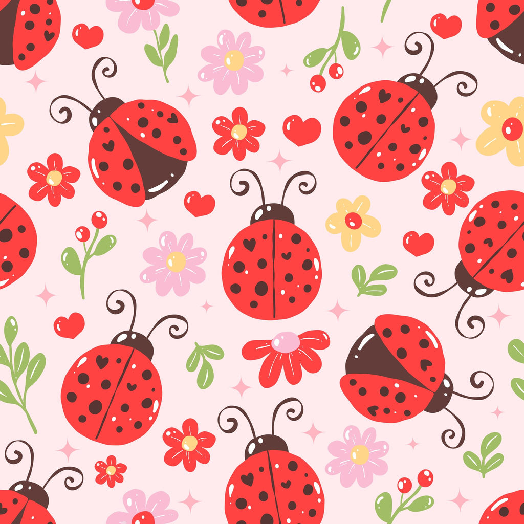 Pattern of friendly ladybugs and flowers, perfect design for a ladybug dress for girls.
