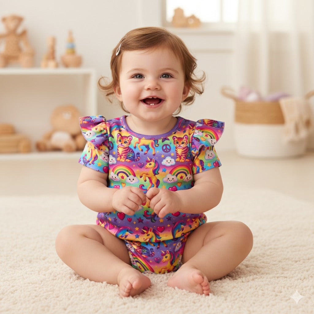 Girls' colorful animal romper featuring a cheerful baby sitting and smiling, showcasing a vibrant animal pattern.