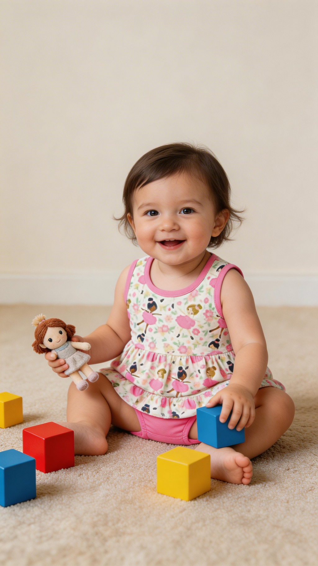 Infant wearing colorful infant romper breathable fabric, playing with blocks and a doll, showcasing all-day comfort.