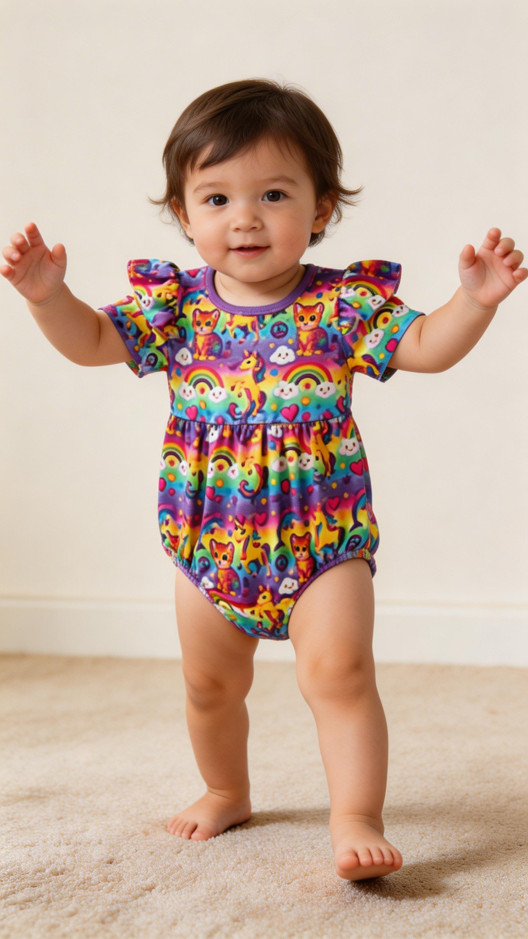 Girls' colorful animal romper on a toddler, featuring vibrant colors and playful animal patterns, perfect for adventurous outings.